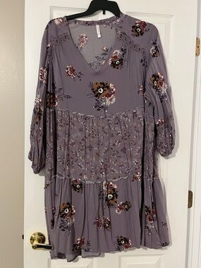 Xhilaration Lavender Floral V-Neck Tiered Long-Sleeve Dress
